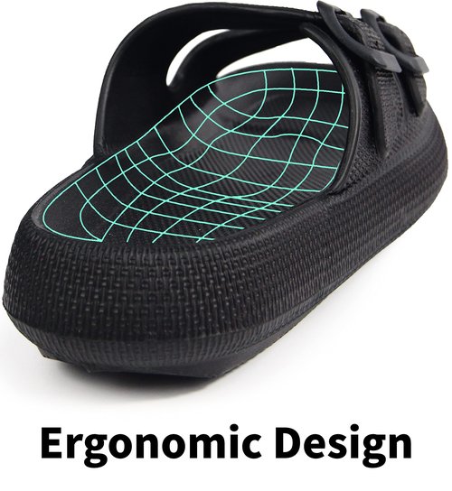 BenSorts Pillow Slippers for Women and Men Cute Rubber Sandal Adjustable Buckles Soft Slides Shower Spa Bath House Slippers Indoor Outdoor Black Men Size 8.5 9 9.5 Women Size 9.5 10 10.5