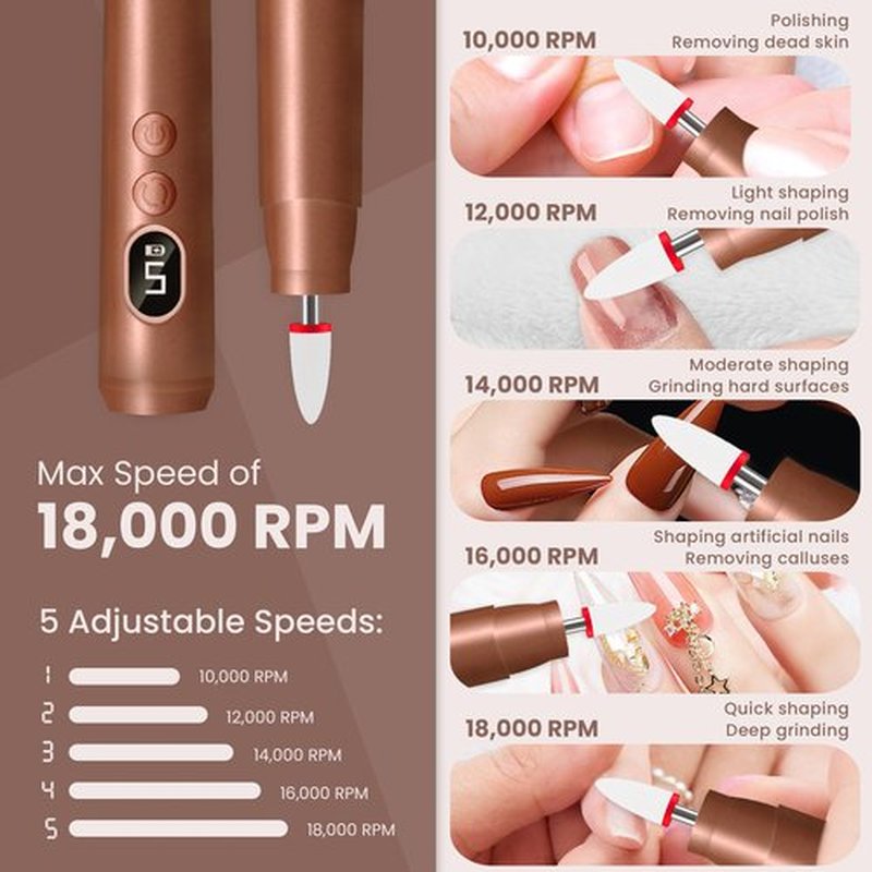 KIARYUOLL Cordless Electric Nail Drill Kit, Portable Rechargeable Nail Drill Set, Battery Electric Nail File, 5 Speeds Modes, LED Lighting, Reversible Direction, DIY, Professional (Gold)