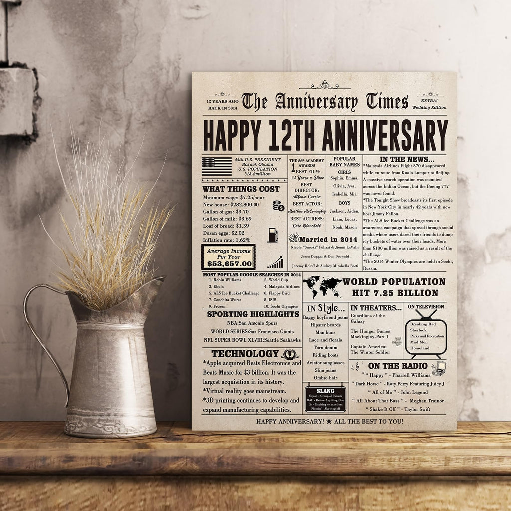 FANCYLUCKY Big 12 Year Anniversary Card Gifts for Him Her, Retro 12th Wedding Anniversary Card for Husband Wife, Silk Anniversary Together Gift