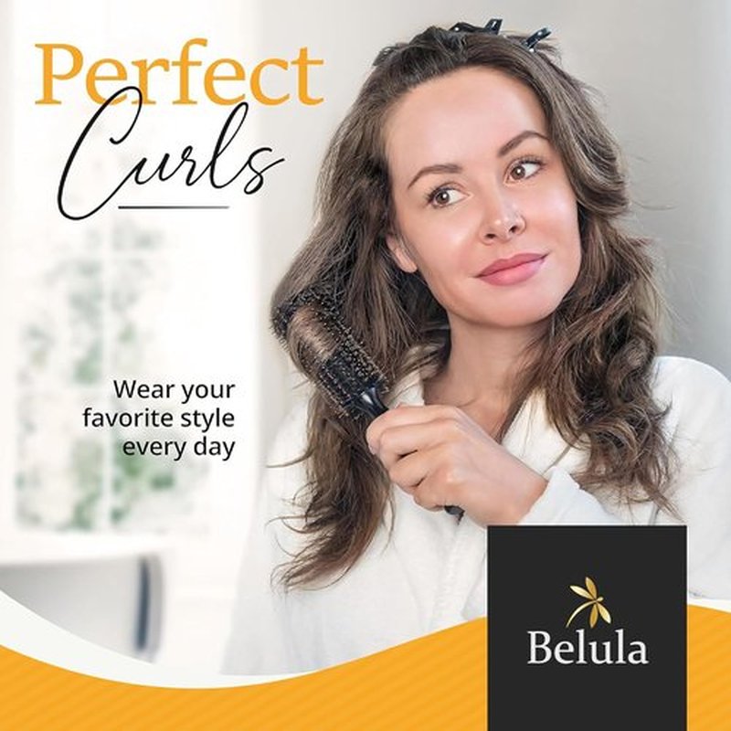 Belula Boar Bristle Round Hair Brush - 2.7” Wooden Barrel for Volume & Body | Includes 3 Hair Clips & Travel Bag