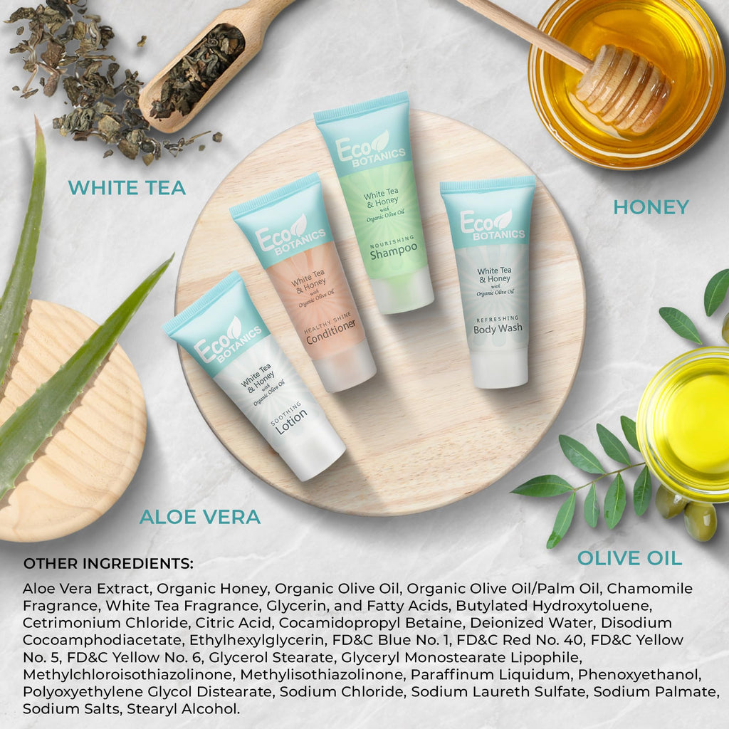 Travel Size Hotel Toiletry Set 80 Count 0.85 oz Bottles Guest Amenities for Vacation Rentals and Short Term Rentals Paraben Free White Tea Scent Infused with Aloe and Olive Oil by Eco Botanics