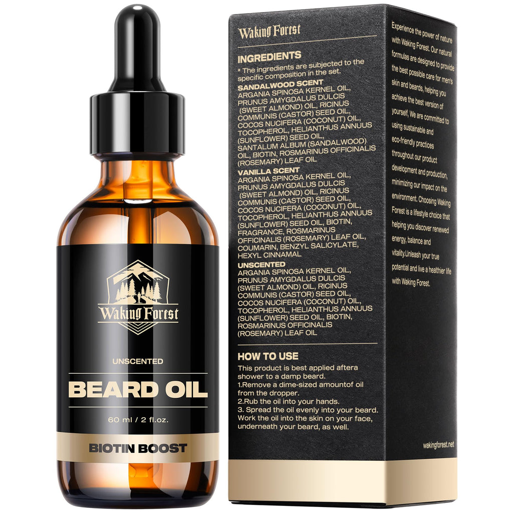 Waking Forest Beard Oil for Men 60 ml - Unscented Biotin Mustache Oil with Vitamin E, Rosemary & Castor - Beard Care Softener, Strengthens, and Moisturizes - Beard Conditioner (2 oz)
