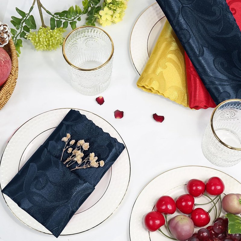 Aormenzy Navy Blue Satin Napkins - 17 x 17 Inches, Elegant Floral Pattern, 50 Pack Set
