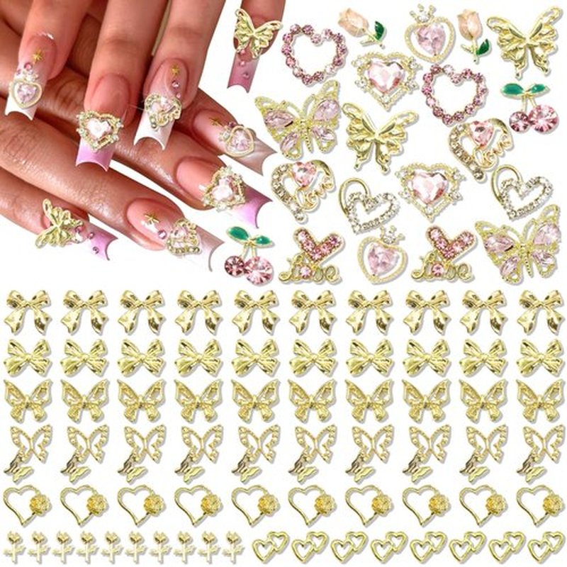 BELICEY 90Pcs Pink Heart Bows Nail Art Charms Gold 3D Assorted Bow Heart Cherry Charms for Nails Butterfly Nail Decoration Y2k Pink Nail Jewelry Gems for DIY Nail Art Design Crafts