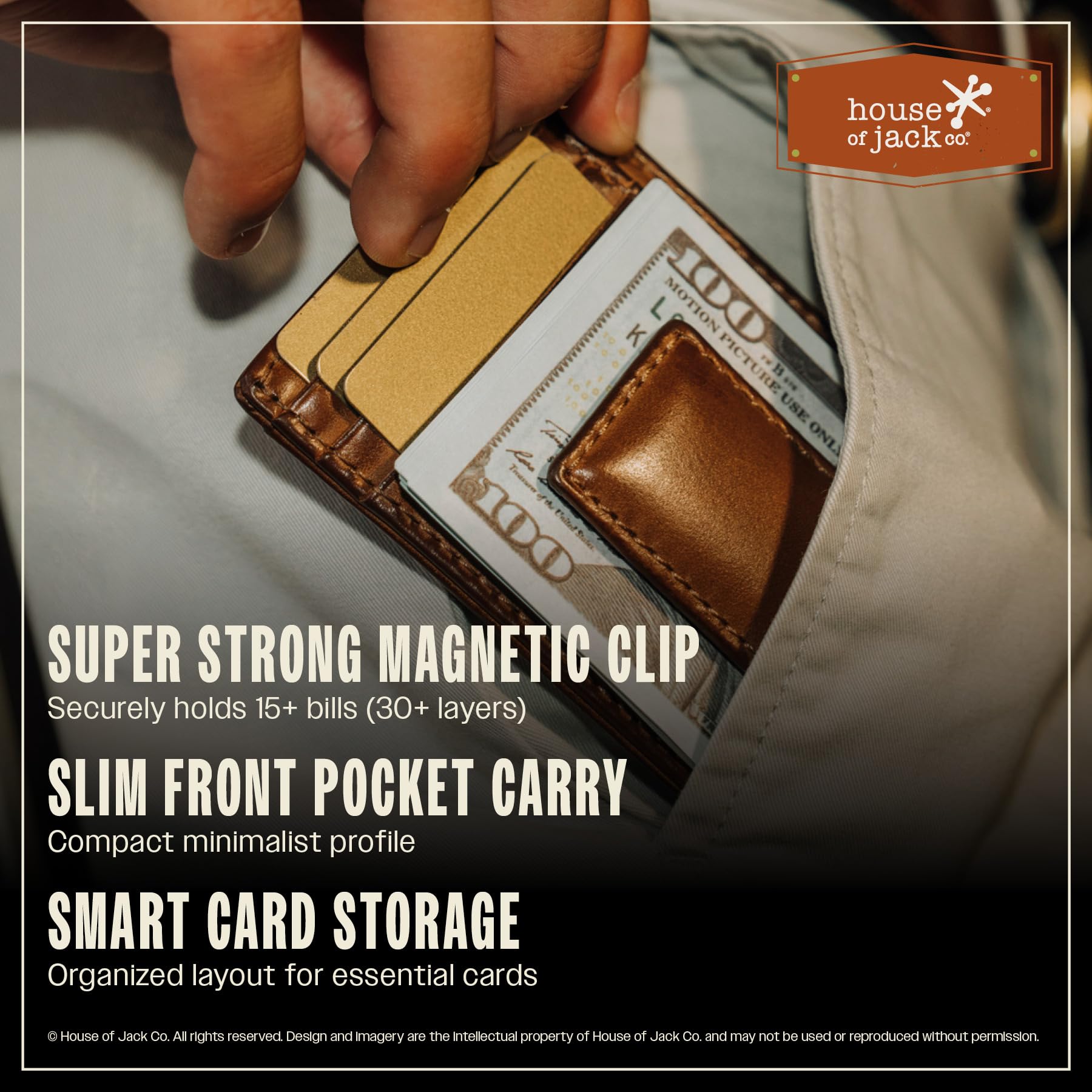 House of Jack Co. Carryall Men's Slim Money Clip Wallet, Super Strong Magnetic Clip Holds 15+ Bills, Full Grain Leather Slim Front Pocket Wallet, 9 Card Holder, Gift for Men, Tan