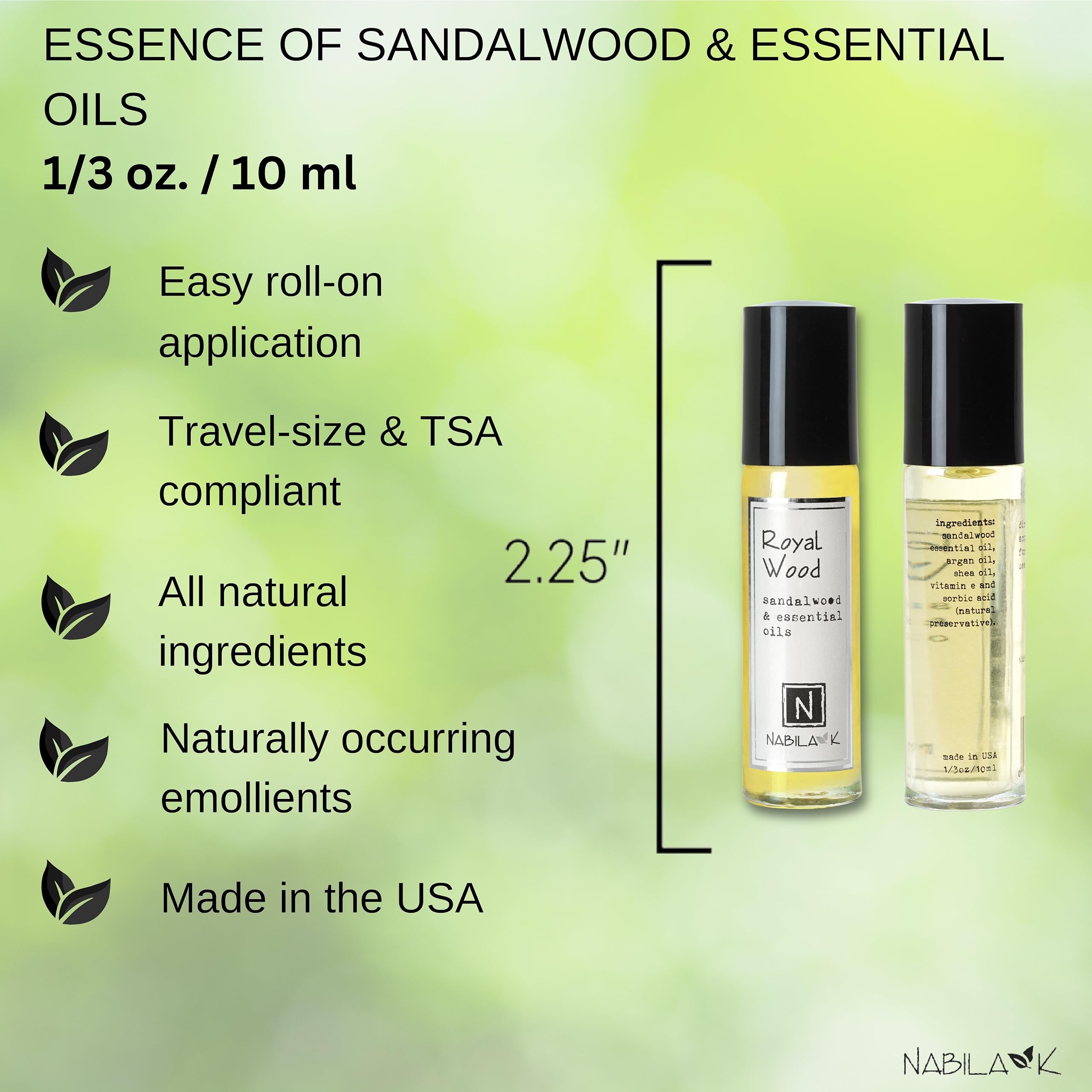 Nabila K Royal Wood Sandalwood Roll-On Perfume Oil for Women | Alcohol-Free, Organic, Long-Lasting Fragrance | Travel Size, TSA Approved | 0.33 oz