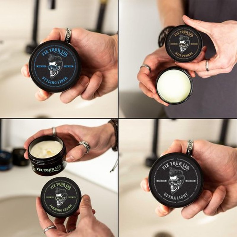 Fix Your Lid Travel Variety Pack | 4pk 1.7oz - Ultra Light Pomade Low Hold - Forming Cream Medium Hold - Styling Fiber High Hold - Hair Pomade Medium Hold High Shine - Mens Hair Styling Set