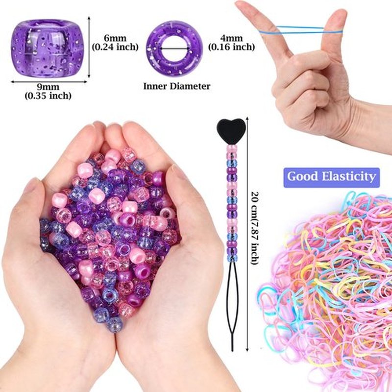 Snoghmil 1600pcs Hair Beads Kit Including 600pcs 9x6mm Glitter-Purple Pony Beads, 1000pcs Elastic Rubber Bands, and 5pcs Quick Beaders for Kids Hair Braids