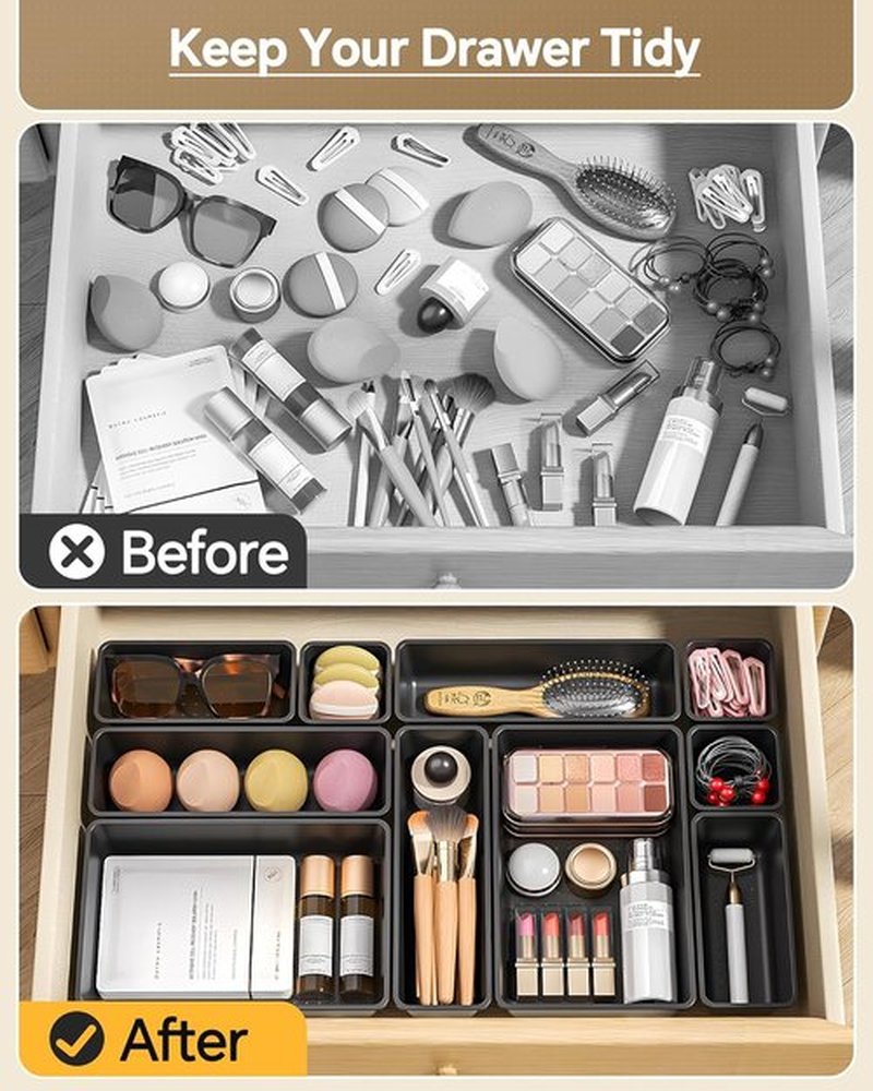 KEMETHY 25 PCS Plastic Drawer Organizers - Versatile Makeup & Desk Storage Trays | Black, 4 Sizes