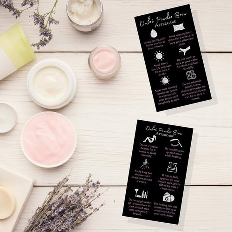 Ombre Powder Brow Aftercare Instructions Cards | Package of 50 | Size 2x3.5" inches Business Card | Black, Silver Glitter, and Light Pink Design