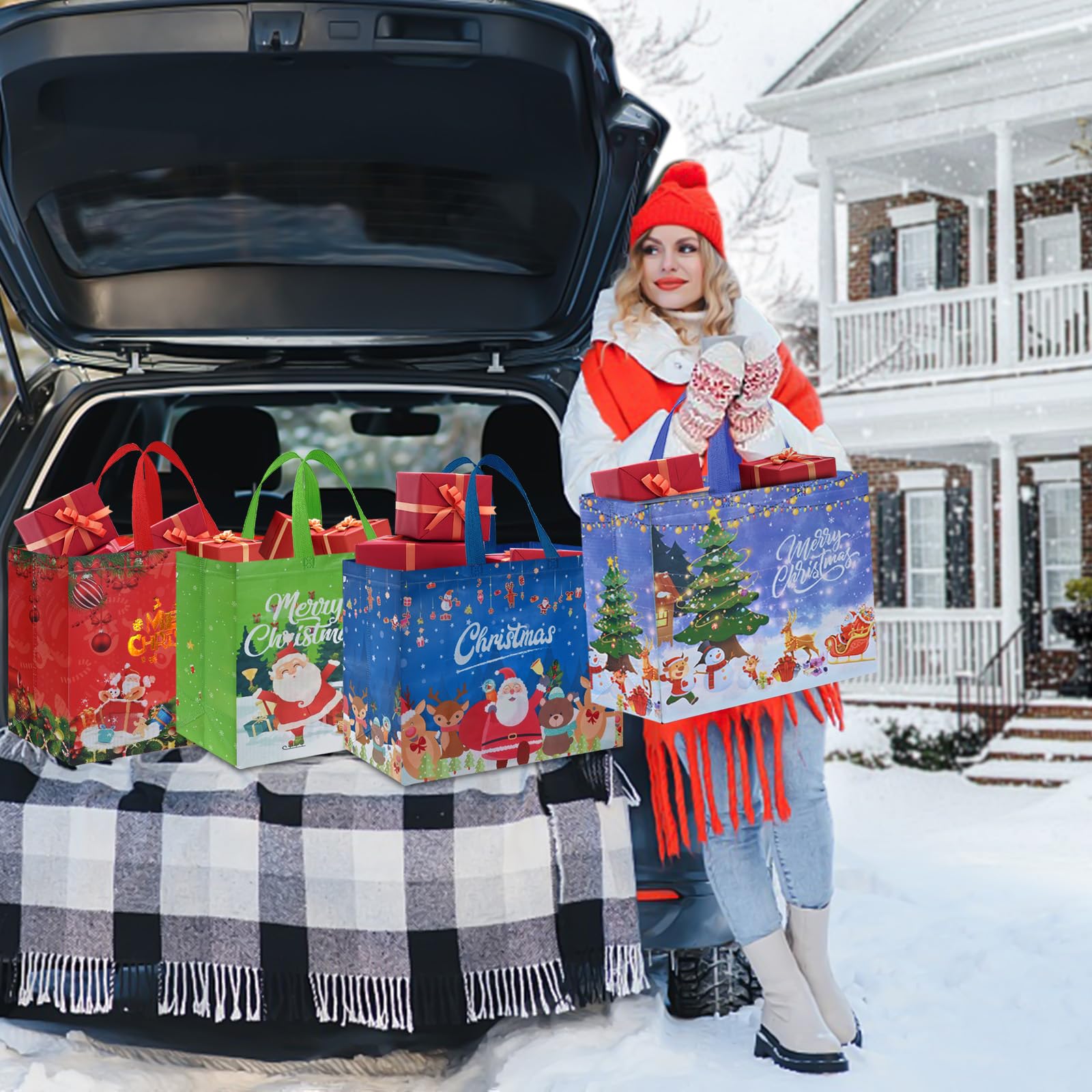 AhfuLife 12PCS Extra Large Christmas Gift Bags, 15.7'' x 14.2''x 5.9'', Christmas Tote Bags with Handles, Reusable Non-woven Shopping Bag for New Year, Xmas's Party Supplies Decorations