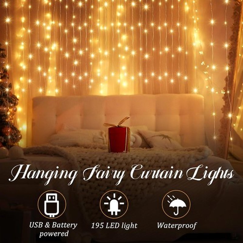 Tuanse 195 LED Curtain Lights - 6.5 x 5 Feet Fairy String Lights with 8 Modes & Remote for Indoor/Outdoor Decor