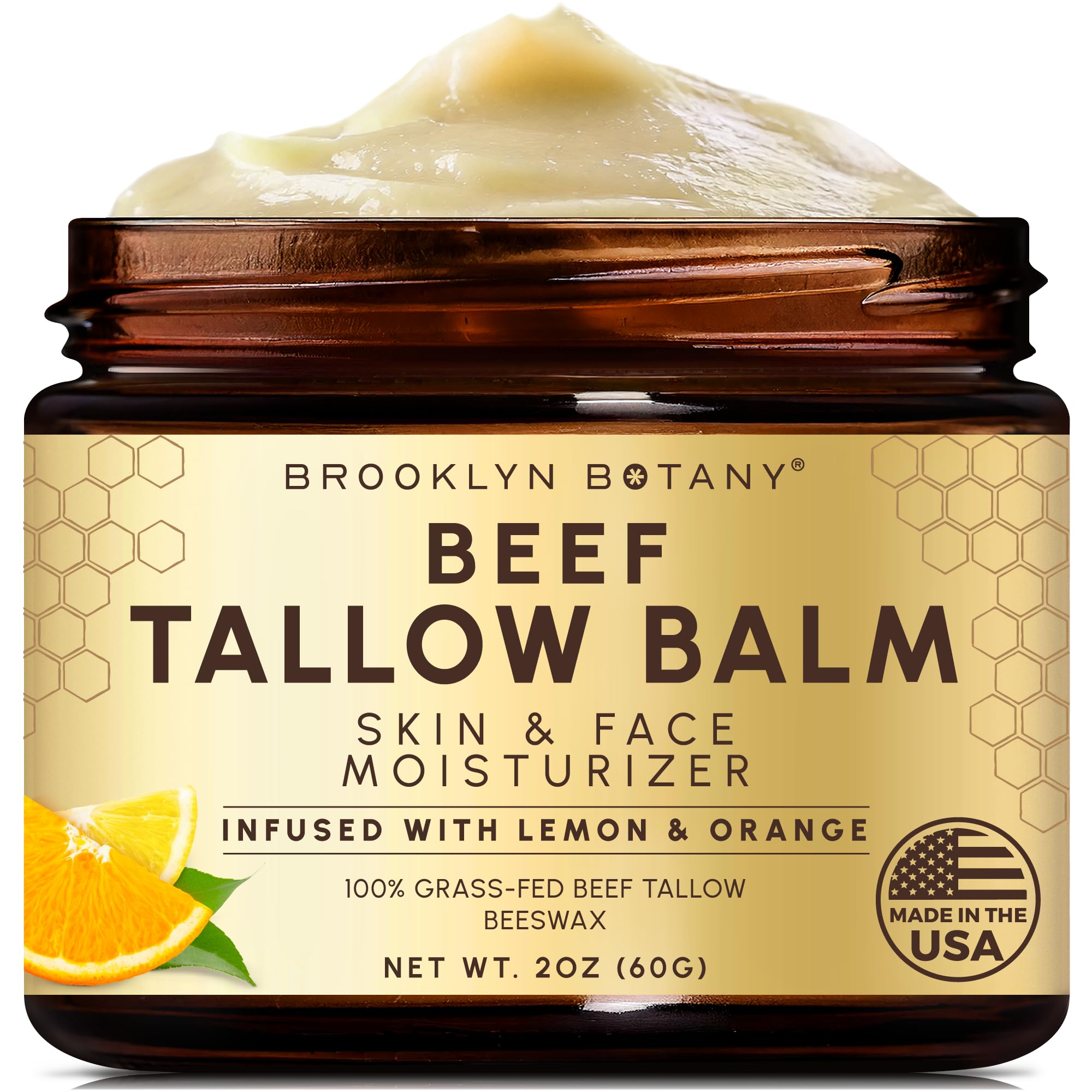 Brooklyn Botany Beef Tallow Balm – Grass Fed Beef Tallow for Skin and Face – Nourishing Face Moisturizer Infused with Citrus Oils – Orange Oil and Lemon Oil – 2 oz