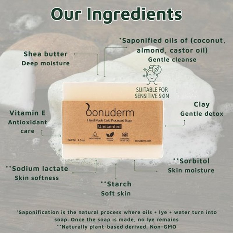 bonuderm Unscented & Fragrance Free Soap (4-pack) | Sensitive Skin All Natural Bar Soap for Women & Men | Natural Soap Bar | Body Soap Bars | Handmade in the USA | Vegan & Non Toxic