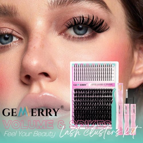 GEMERRY Lash Clusters Kit 80D Long 12-21mm with Spikes Cluster Eyelash Extensions Kit DIY Wispy Natural Lash Clusters with Lash Bond and Seal Spiky Individual Lashes Eyelashes