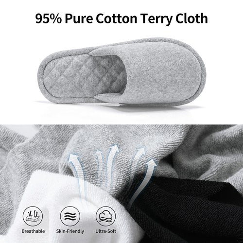 biroris 3 Pairs Closed-Toe Turkish Terry Cloth Slippers, Soft Non-Slip Indoor Slippers for Women, Machine Washable, Portable for Guest, Travel, Hotel and Spa(Black Grey White)