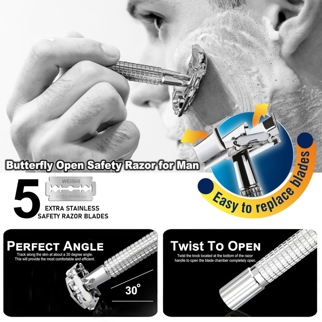 WEISHI Butterfly Open Double Edge Safety Razor for Men, Chrome Short Handle with 5 Stainless Razor Blades Included, Reusable Wet Shave Tool for Smooth, Close Shave