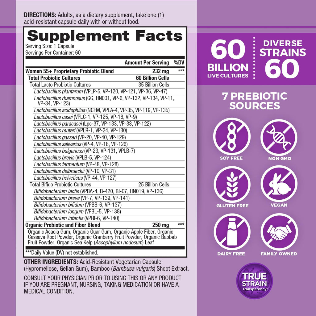 Vital Planet - Vital Flora Women Over 55 Daily Probiotic, 60 Billion CFU, Diverse Strains, Organic Prebiotics, Vaginal and Immune Support, Digestive Health Probiotics for Women 60 Capsules