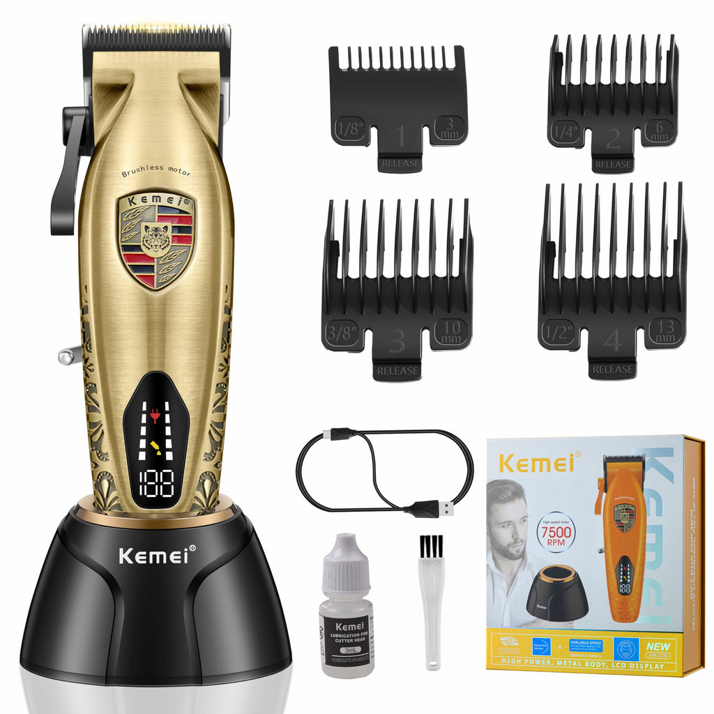 KEMEI Hair Clippers for Men Professional, Barber Clippers for Hair Cutting & Grooming, Cordless Beard Trimmer with Charging Base LED Display KM-2230 Gold