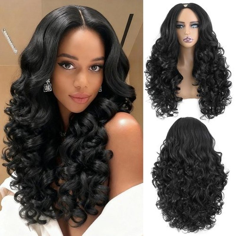 Rafabcici V Part Yaki Curly Wig for Black Women,26 Inch Premium Upgraded Synthetic Afro Curly Half Wig with Clips,Natural Texture No Leave Out(Natural Black)