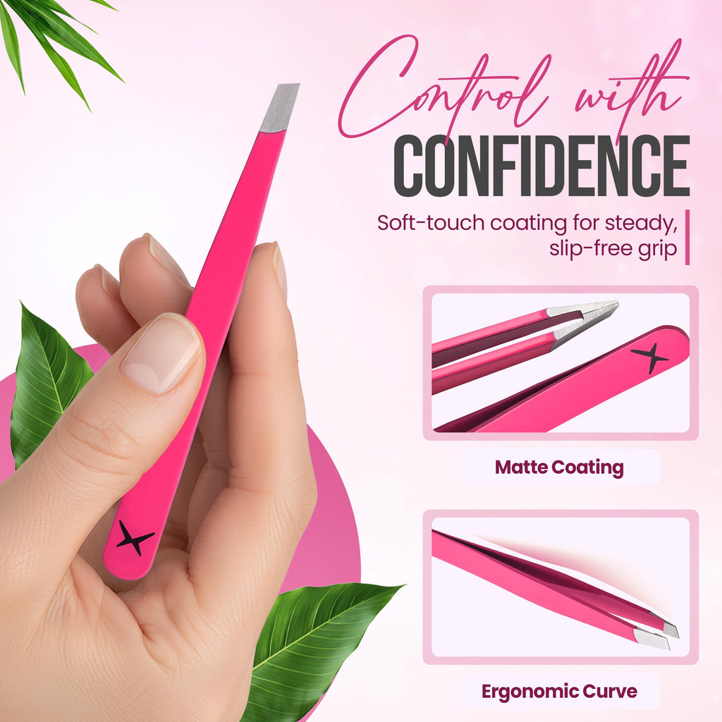 Stainless Steel Mini Slant Tweezer - Professional Precision Eyebrow Tweezers for Women & Men, Rust-Proof Travel Grooming Tool for Facial Hair Removal, Chin Hair & Ingrowns (Neon Pink)