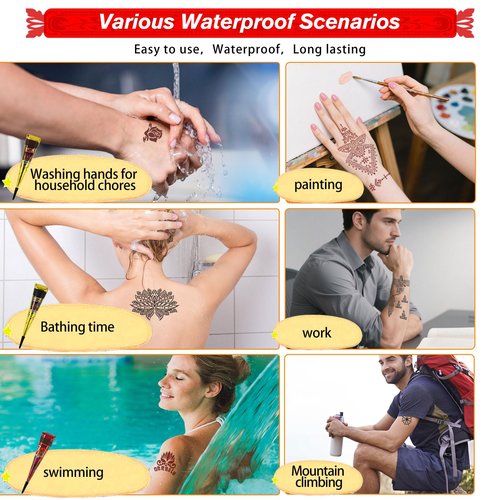 12 Sheets Temporary Tattoo Stencils Kit-Large 78 Pcs Tattoo Patterns-6 Pcs (Brown/Black/Maroon) Ink with Paint Brush for DIY Body Art-Tattoos for Women Men Kids