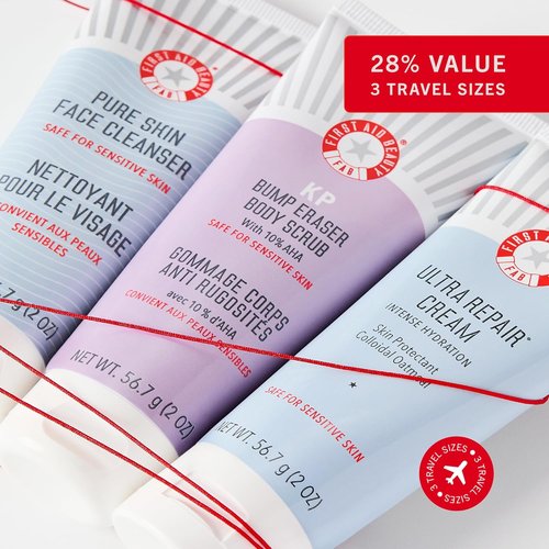 First Aid Beauty Cleanse, Smooth + Hydrate Kit - Travel-Friendly Skin Care Set with Facial Cleanser, KP Body Scrub & Ultra Repair Cream