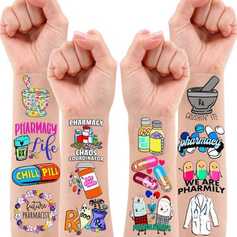 96PCS Funny Future Pharmacy Temporary Tattoos Happy Birthday Party Decorations Supplies Favors Decor Doctor Nurse Pharmacist Tattoo Stickers Gifts For Graduation Kids Adults Boys Girls Prizes Carnival