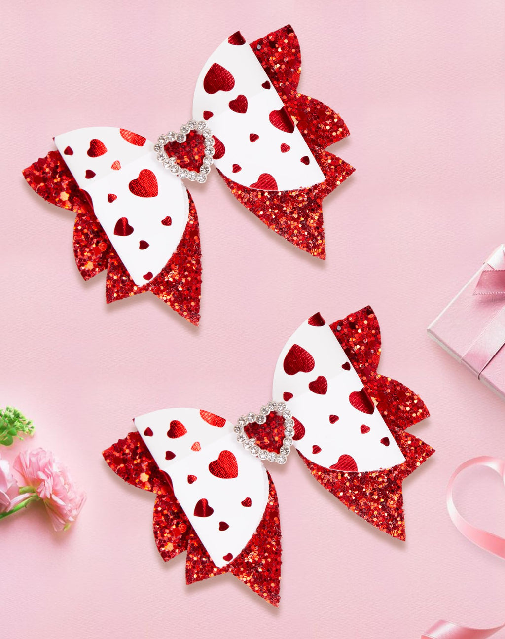 Valentine Hair Bows with Rhinstones Red Glitter Heart Love Hair Clips Valentine Hair Accessories for Women - Non Slip Alligator Clips Bows for Girls