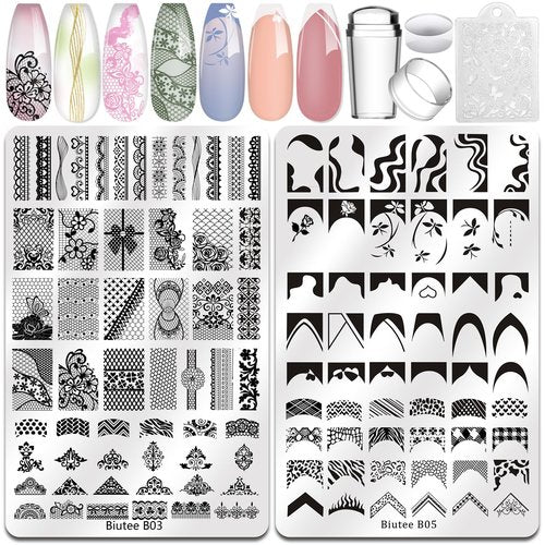 Biutee Nail Stamping Plates 2Pcs French Tip Stamp Plate 110 Patterns Nail Stamping Kit With Silicone Stamper Scraper Large Lace Line Flower Nail Art Stamping Template Valentine Holiday Gift for Women