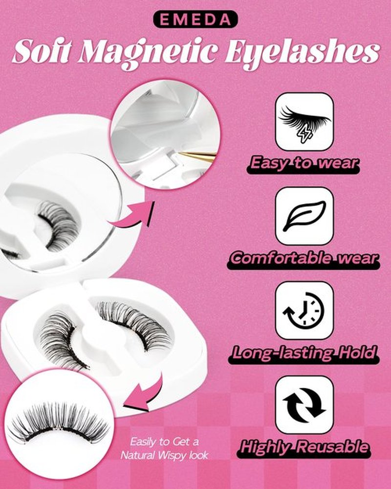 Natural Look Magnetic Eyelashes Kit - 2 Pairs Reusable Double Sided Magnetic Lashes With Applicator and Mirror, Easy To Wear And Remove, No Glue Needed Strip Lashes, Black Faux Cils by EMEDA (#29)
