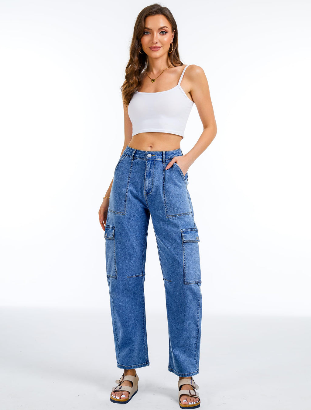Eddoyee Barrel Jeans Women Cargo Ankle Pants Wide Leg High Waisted Casual Baggy Utility Denim Trousers with 6 Pockets
