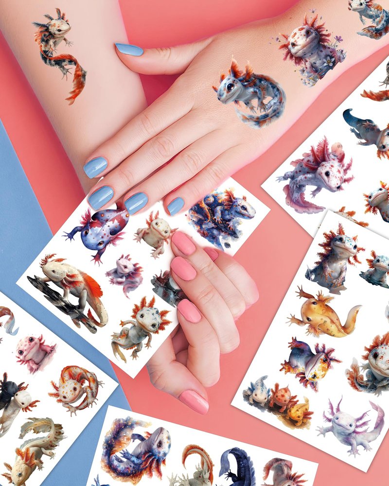 YanZonic 156Pcs Axolotl Temporary Tattoos - Cute Axolotl Tattoos Stickers for Axolotl Birthday Party Decorations Supplies, 20 Sheets