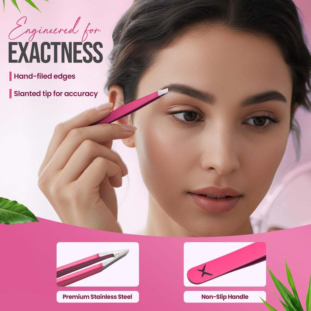 Stainless Steel Mini Slant Tweezer - Professional Precision Eyebrow Tweezers for Women & Men, Rust-Proof Travel Grooming Tool for Facial Hair Removal, Chin Hair & Ingrowns (Neon Pink)