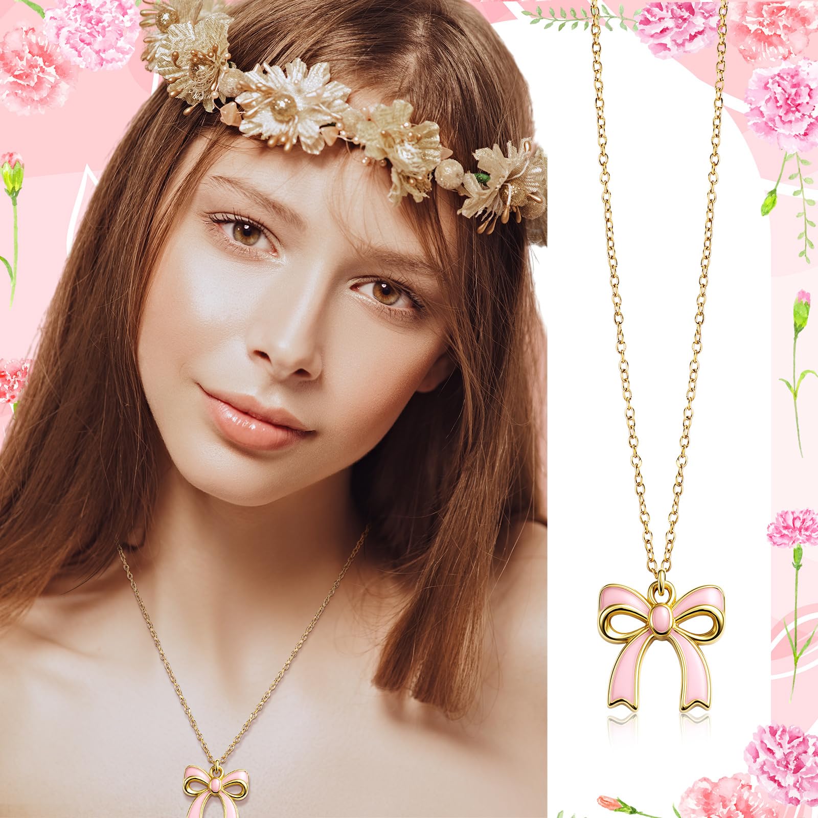 Tondiamo 12 Set Coquette Pink Bow Party Favors Bow Necklace for Women Coquette Bowknot Jewelry Bulk Ribbon Pendant Necklace Gift for Birthday Baby Shower