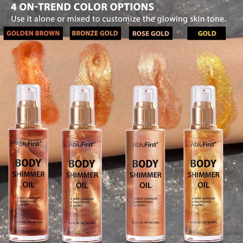 AbluFirst Shimmer Body Oil Summer Body Glitter Moisturizing Light Shimmer Glow Non-Sticky Summer Body Luminizer and Illuminator Smooth (2.8 Fl Oz (Pack of 1), Gold)