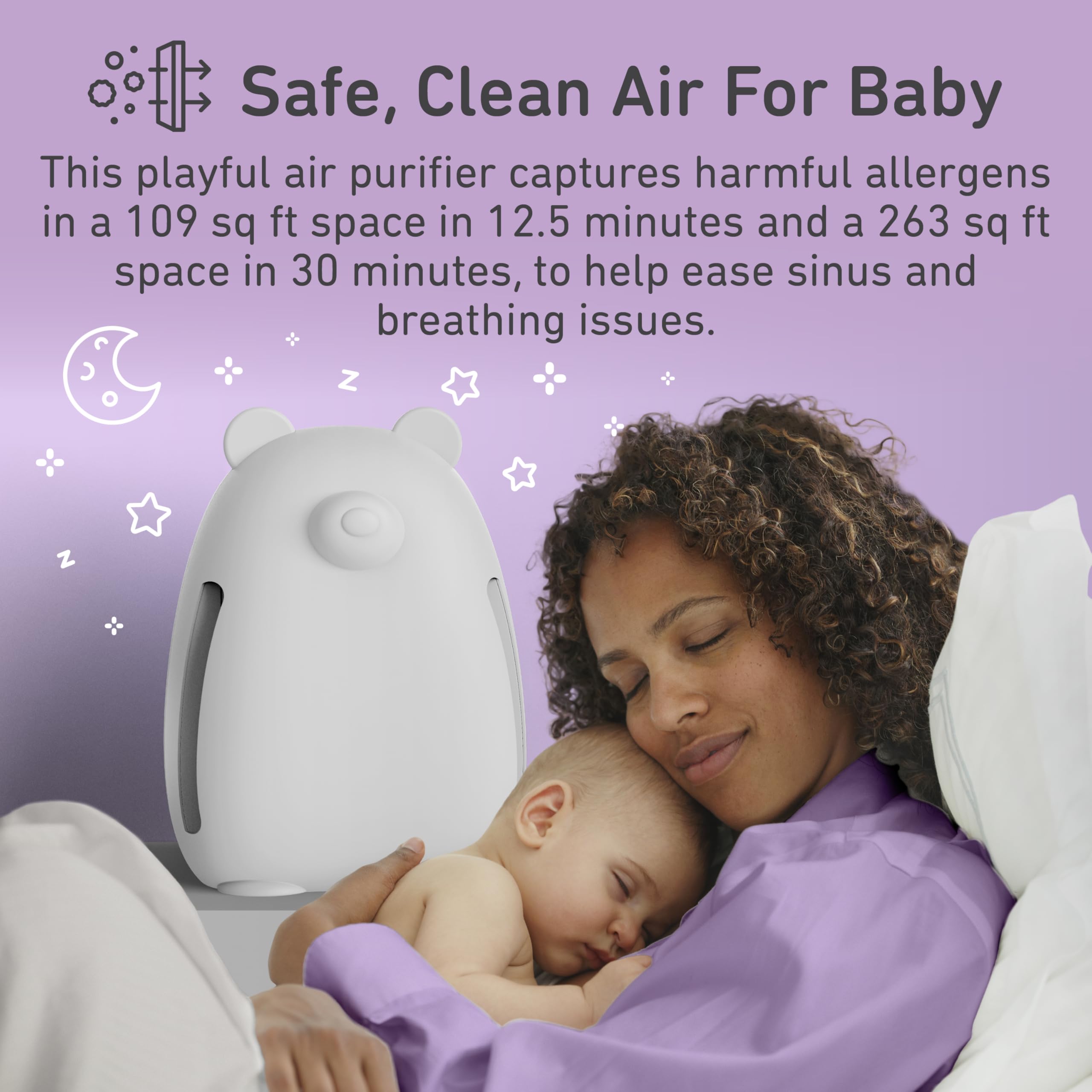Pure Enrichment PureBaby Kids Bear Air True HEPA Air Purifier - 4 Stage Air Filtration, UV-C Light, and Night Light for Medium-Large Rooms - Baby Nurseries, Kid Bedrooms (White)