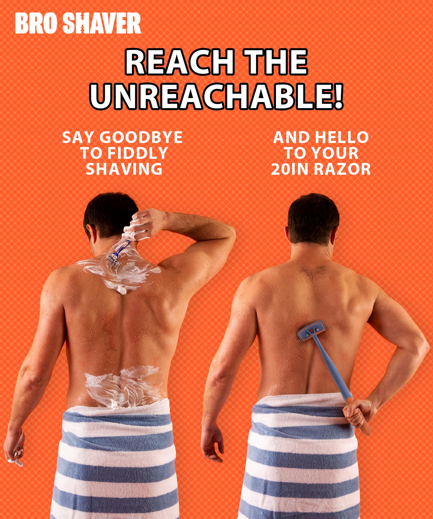 BroShaver 3.0, DIY Back & Body Hair Trimmer - Wet or Dry Shave for Men. Split Handle Razor with Ergonomic Grip