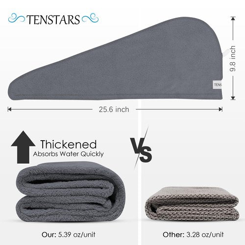 TENSTARS 5 Pack Thicken Microfiber Hair Towel Wrap for Women - Elastic Loop Design - 320GSM Coral Velvet - Quick Dry Hair Turban - 11x28 Inch (Dark Grey)