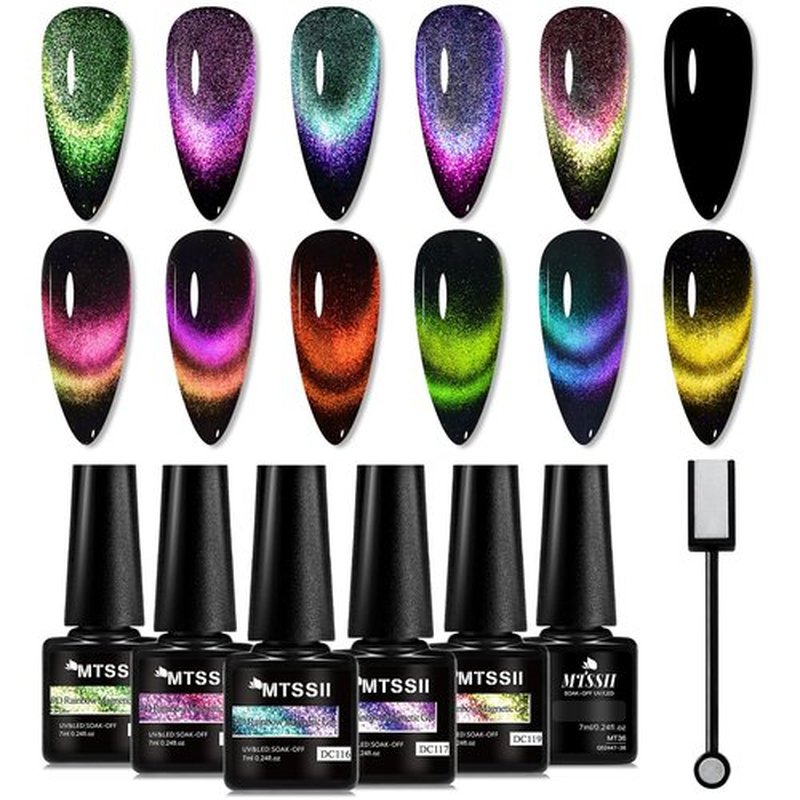 MTSSII Cat Eye Gel Polish Set,Magnetic Gel Nail Polish Kit with Magnet, Soak Off UV Cateye Gel Polish Kit Glitter Nail Art DIY Salon Gifts For Women 7ml/0.24fl.oz