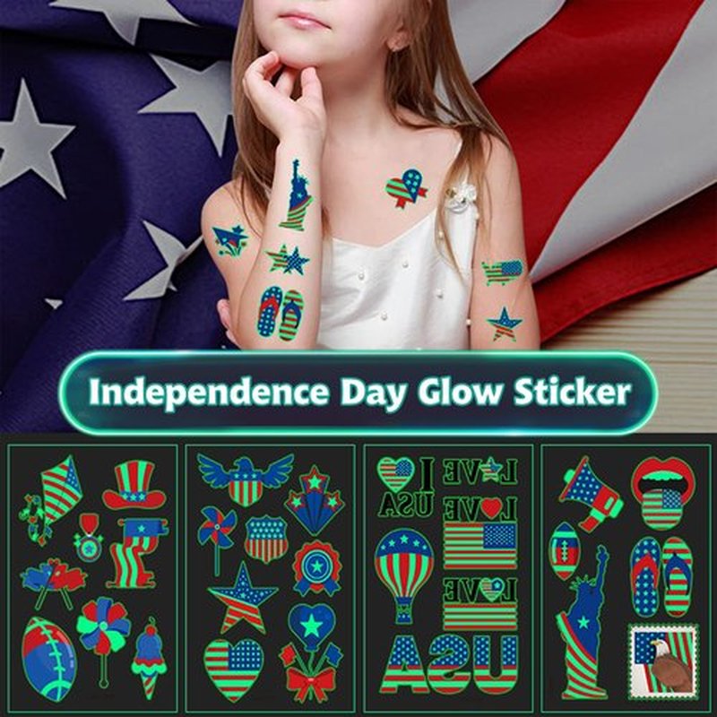 70PCS 4th of July Decorations Temporary Tattoos，Red White and Blue Party Supplies，Fourth of July Glow in The Dark Sticker Patriotic Party Decorations Favors Supplies Independence Day Memorial Day Decorations