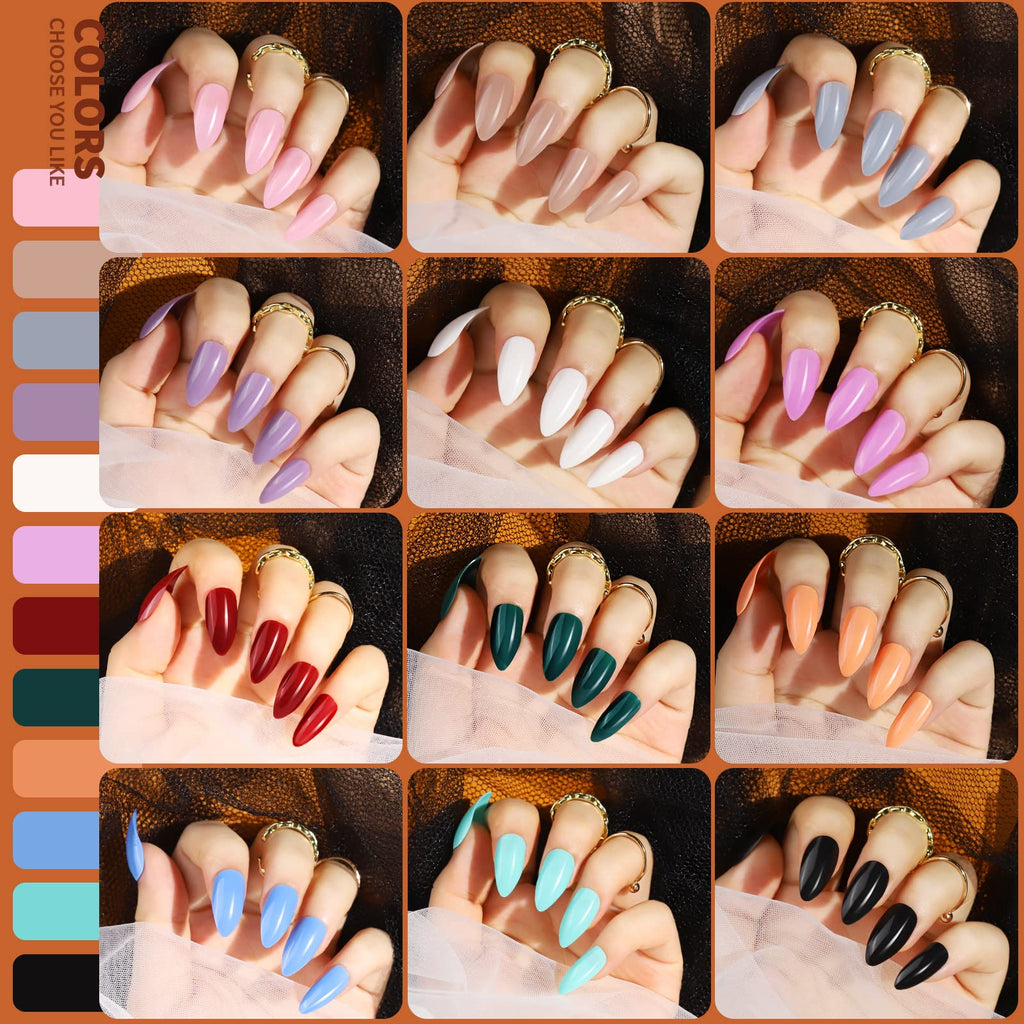 Teenitor Almond Press On Nails Medium Almond Glossy Press On Fake Nails, 288Pcs Press On Nails With Glue,12 Color Glue On Nails