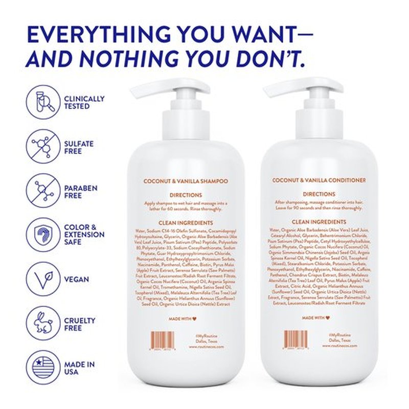 Routine Wellness Anti-Thinning Shampoo and Conditioner Set for Thinning Hair - Biotin DHT Blocker Women & Men - Color Safe Shampoo for Hair Loss & Healthier Hair - Coconut & Vanilla (Pack of 2)
