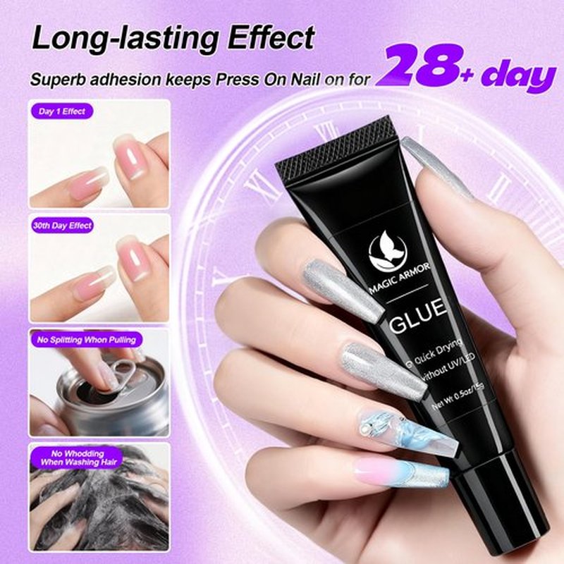 2pcs Nail Glue for Press On Nail with Cuticle Pusher Set, No UV Needed, Quick Dry Strong Semi Solid Glue for Press On, Long Lasting Adhesive for Fake Acrylic Nails