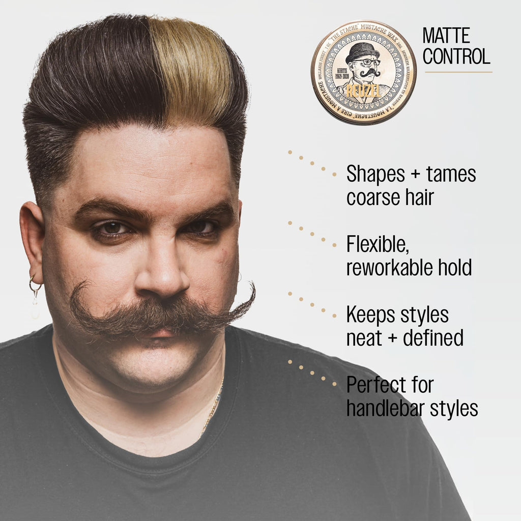 REUZEL Mustache Wax, Strong All Day Hold, Oil-Based Styling Wax, Low Shine, For All Hair Types, 1 oz