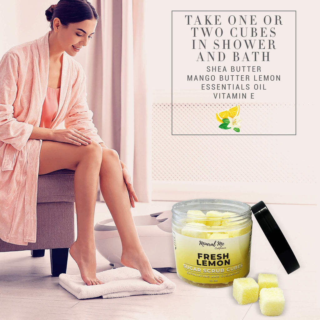 Body Scrub Exfoliator - 12oz FRESH LEMON Sugar scrub cubes w/Mango Butter & Shea butter- Ultra Hydrating & Moisturizing - Natural & Organic for all body exfoliation- For hands, arms legs, elbow & foot