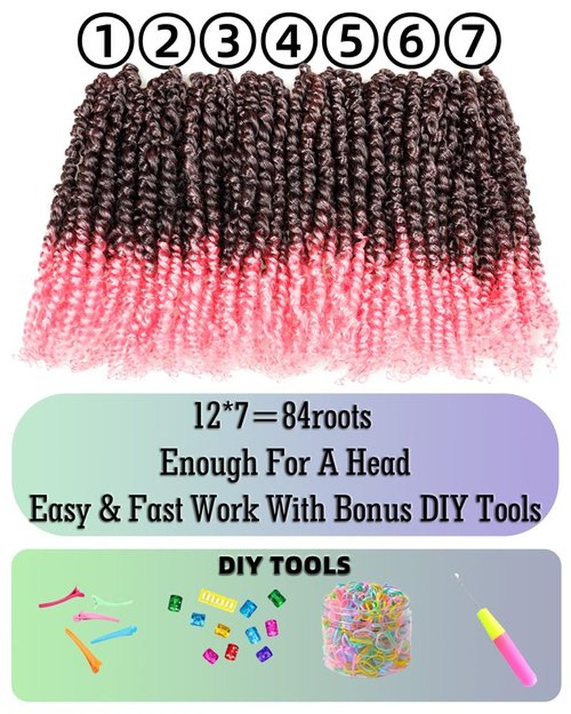 Pre-Twisted Passion Twist Crochet Hair for Black Women Passion Twist Hair Pre Looped Bohemian Braids 10 Inch 7 Packs Ombre Pink Short Bob Curly Braiding Hair Extensions(10"-7P,T1B/Pink)