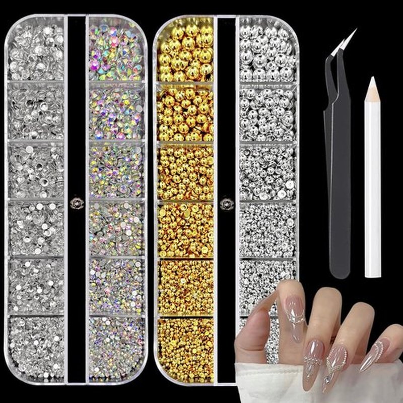 Nail Charms Jewels Manicure Kit with Pickup Pencil and Tweezers, Flatback Rhinestones and Flatback Sliver & Glod Half Round Beads Nail Gems for Nail Art Face Makeup and Manicure Decor
