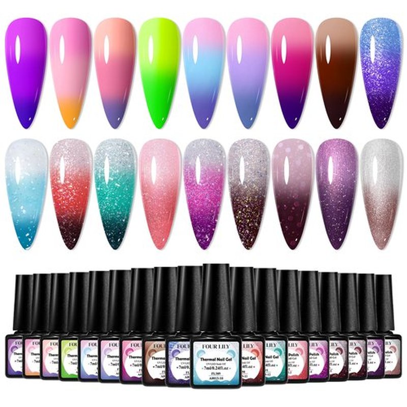 Four Lily Color Changing Gel Nail Polish Set, 18 Colors Red Pink Glitter Blue Purple Mood Temperature Change Nail Polish Gel Set Soak Off Nail Art Gel DIY Salon Valentine's Day Manicure Gift