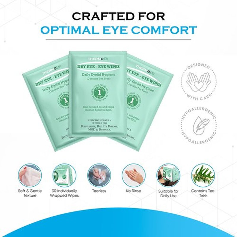 Eye Wipes for Dry Eyes - Tea Tree Eyelid Wipes Blepharitis, Tired, & Itchy Eyes - Tearless & Fragrance-Free Eye Cleaning Pads by ThermoDR - 30 Pcs